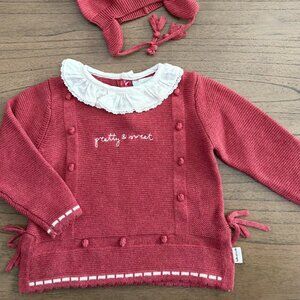 Tutto Piccolo Baby Girl's Knit Sweater with Matching Double Tossle Hat 9-12 Mo